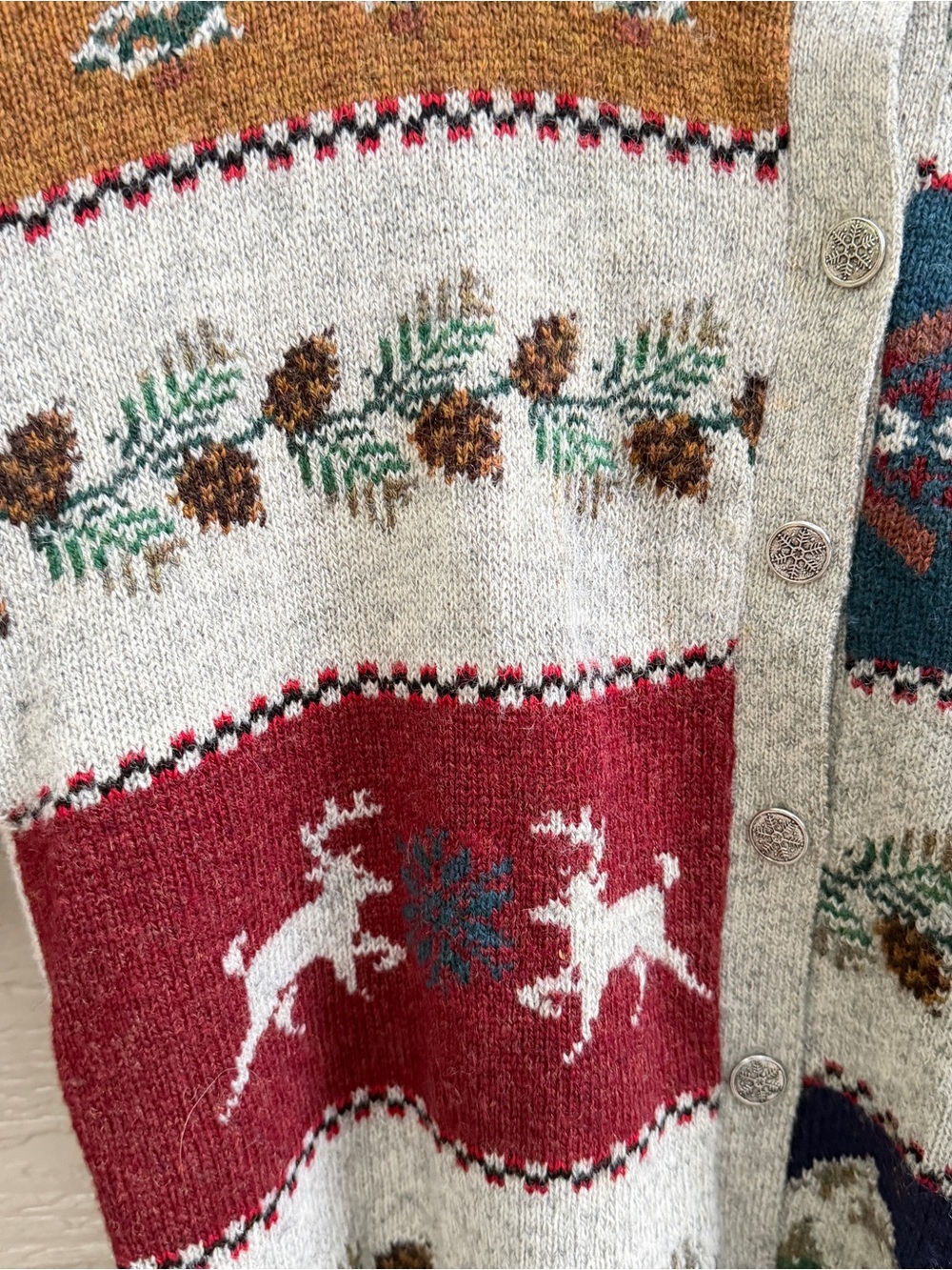 Vintage Woolrich Sweater Women XL Gray Wool Cardigan Fair Isle Deer Mountain 90s - Picture 8 of 13